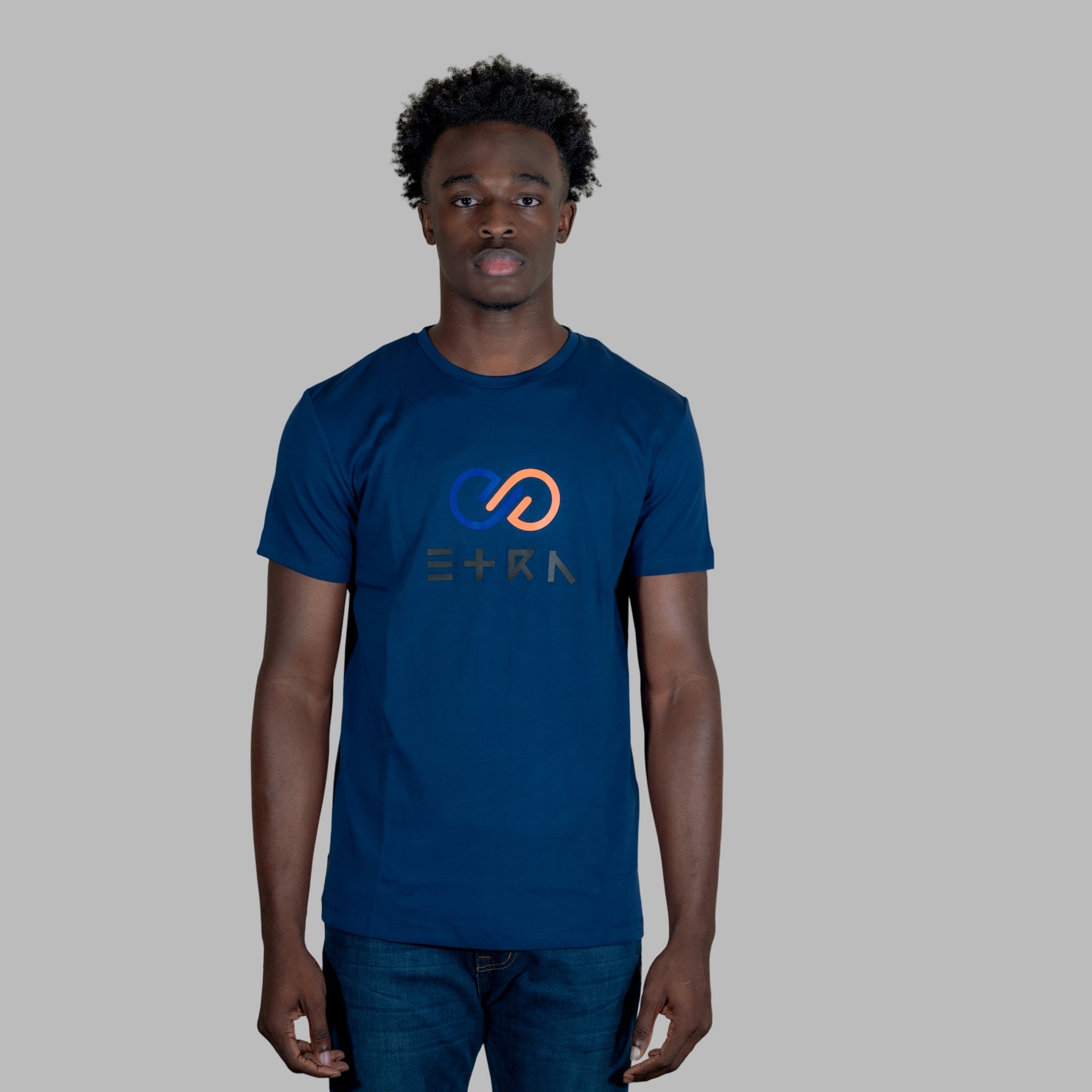Rich blue 3D ETRN print Interlock Jersey Tee, designed for the modern and confident man.
