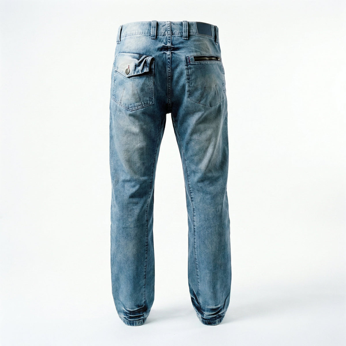 A pair of blue ETRN denim jeans shown from the back, featuring a button closure, zippered back pockets, and a faded wash.