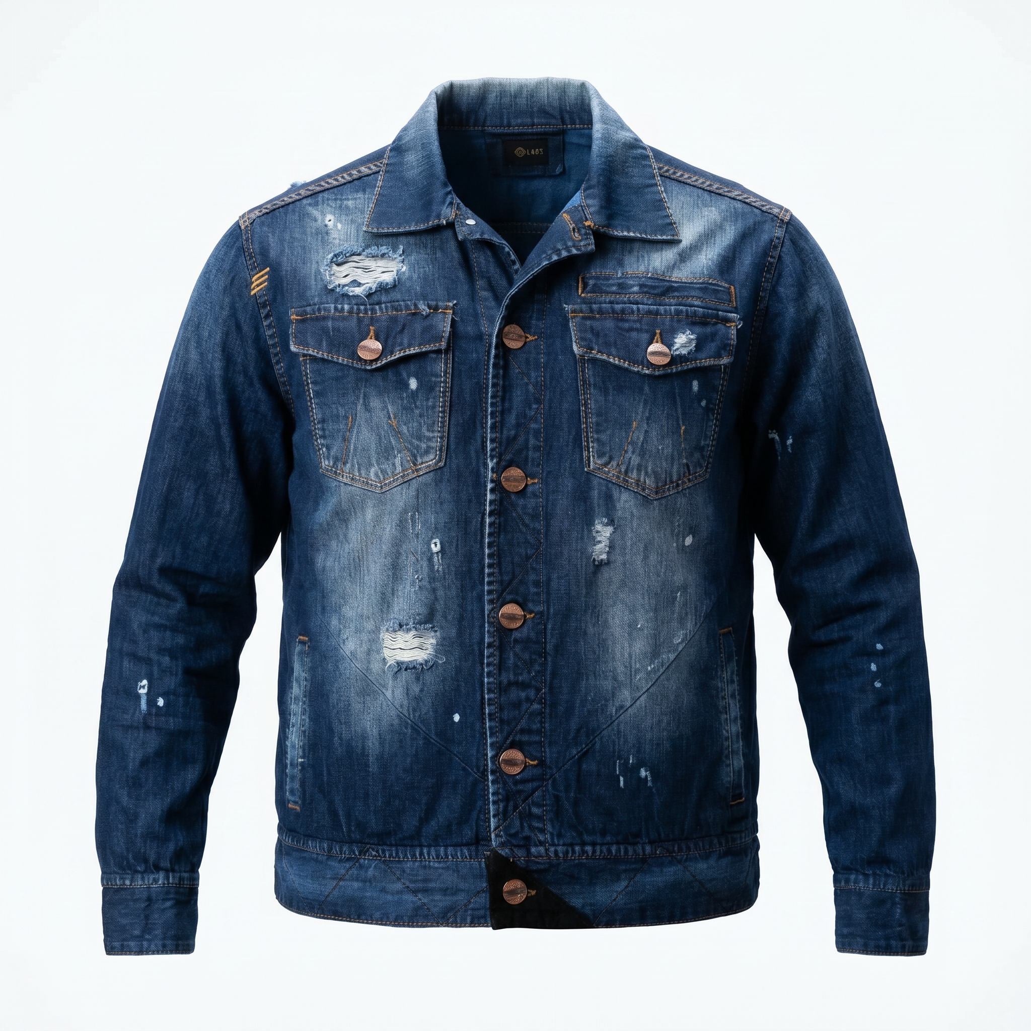 Front view of the ETRN men's engineered denim jacket in a rich indigo wash, showcasing its premium construction and edgy streetwear silhouette.