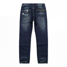 Back view of dark blue distressed ETRN denim jeans, featuring faded whiskering, a small metal zip pocket on the right side, and a distressed patch on the left pocket, set against a plain white background.