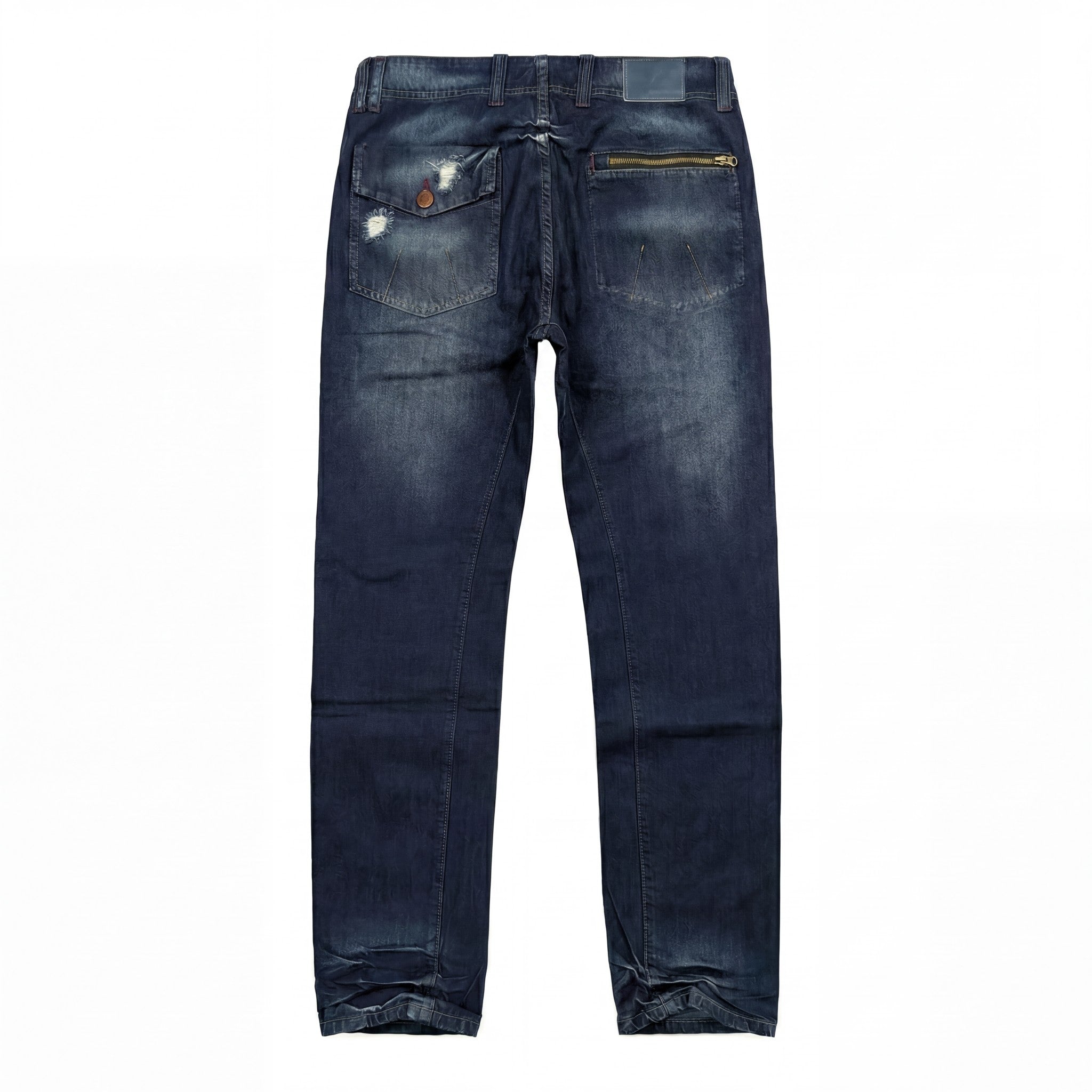 Back view of dark blue distressed ETRN denim jeans, featuring faded whiskering, a small metal zip pocket on the right side, and a distressed patch on the left pocket, set against a plain white background.