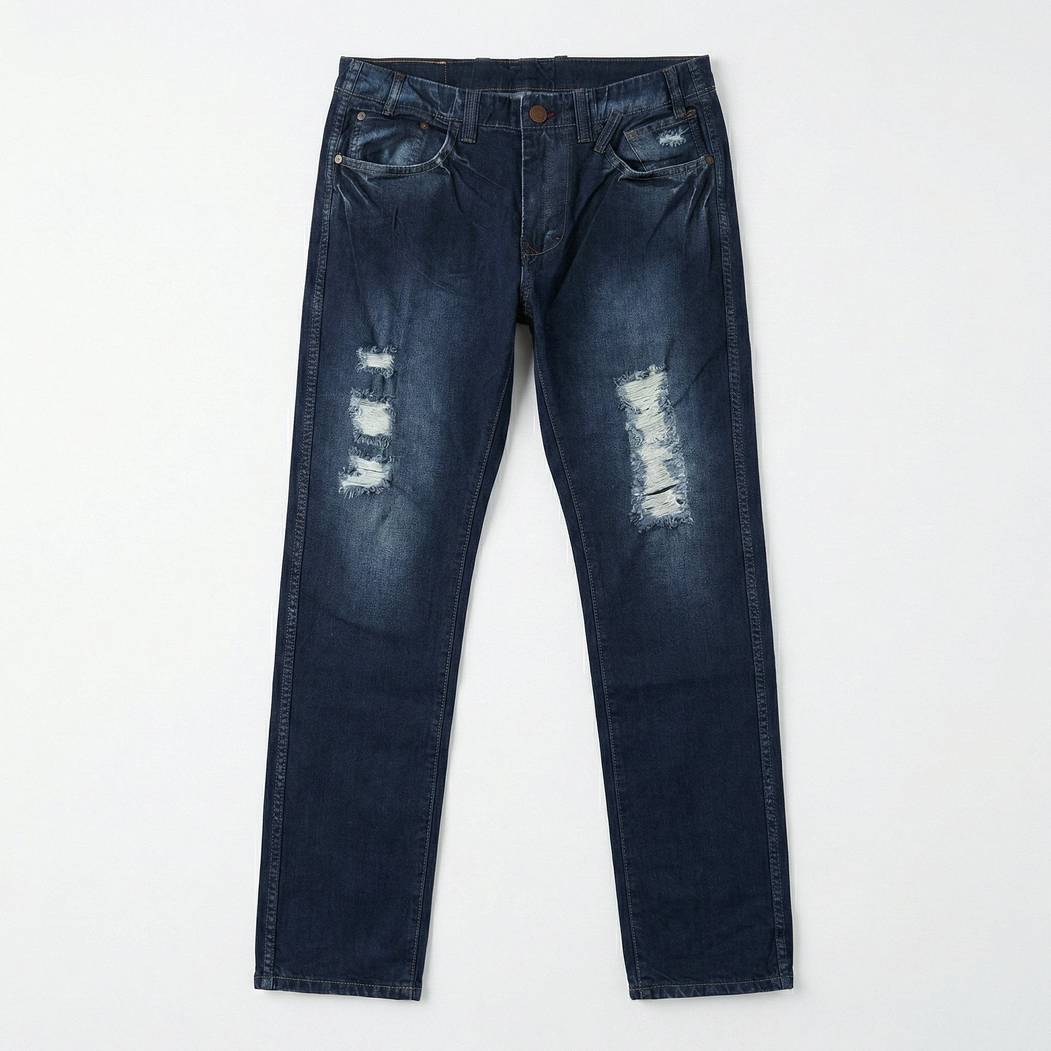 Front view of dark blue distressed ETRN denim jeans with ripped details on the thighs, displayed flat against a plain white background.