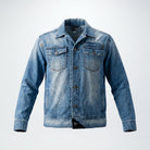 Front view of the ETRN men's engineered denim jacket in a rich light blue wash, showcasing its premium construction and edgy streetwear silhouette.