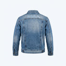 Back view of the unconventionally constructed ETRN denim jacket, demonstrating the structured streetwear fit and engineered tailoring for men. Features the brand name 'ETRN' printed across the upper back.
