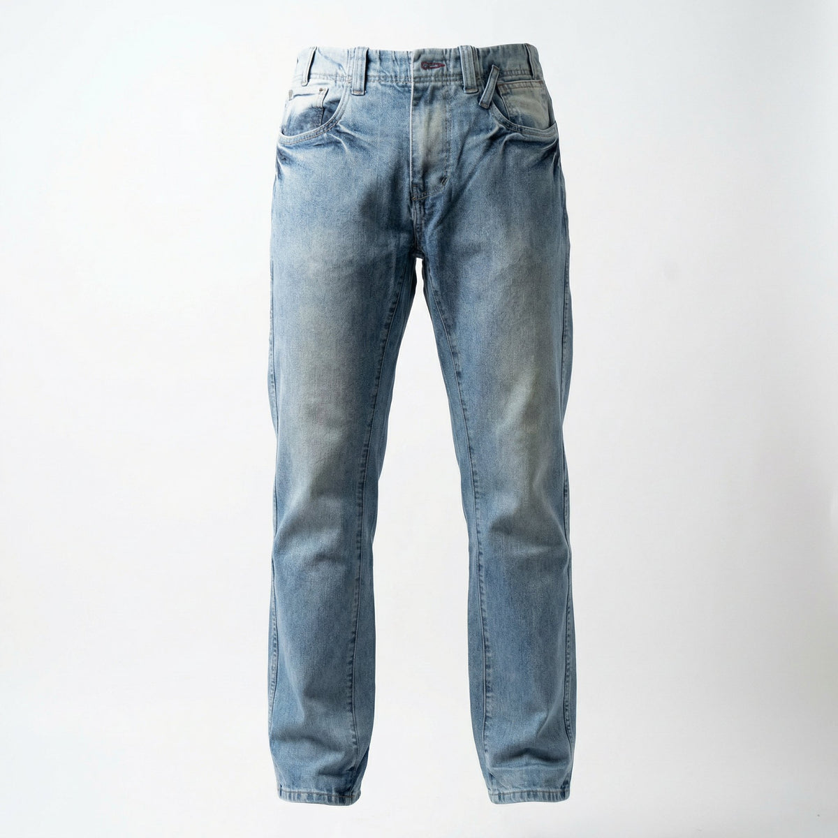 Front view of light blue ETRN denim jeans with a faded wash.