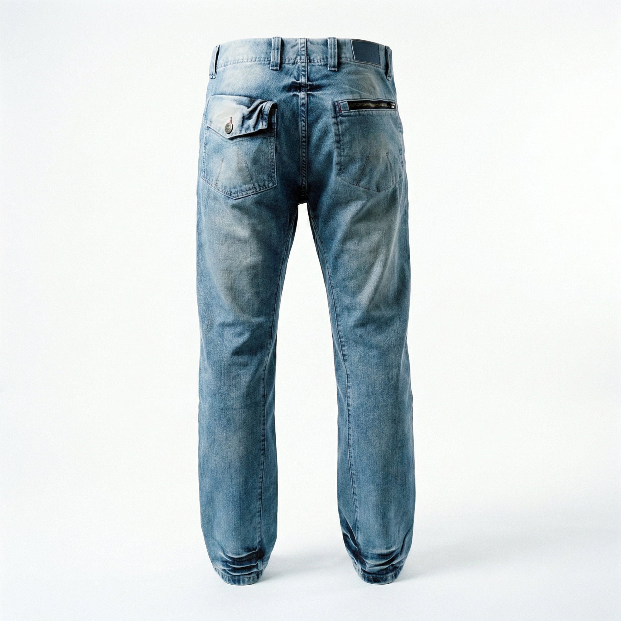 A pair of blue ETRN denim jeans shown from the back, featuring a button closure, zippered back pockets, and a faded wash.