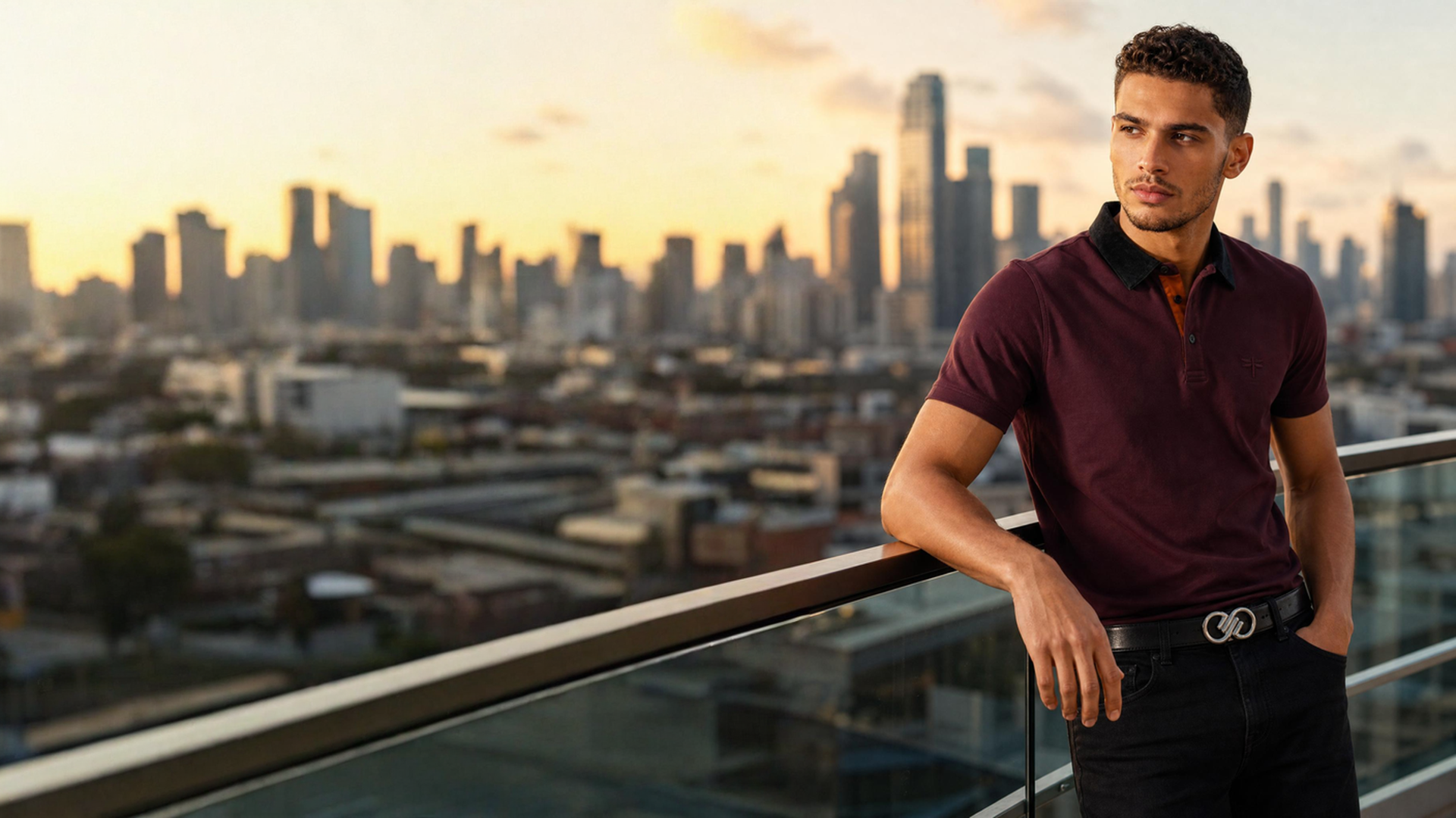 A man wearing a burgundy polo shirt with a black collar and a black belt with silver buckles, standing on a balcony with a city skyline at sunset in the background.